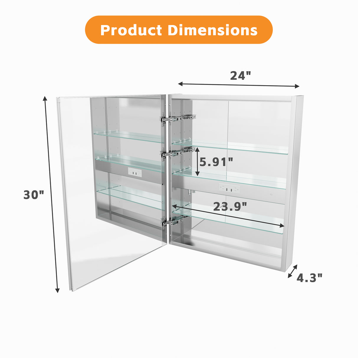 Bathroom LED Lighted Medicine Cabinet with Storage, 24" W x 30" H