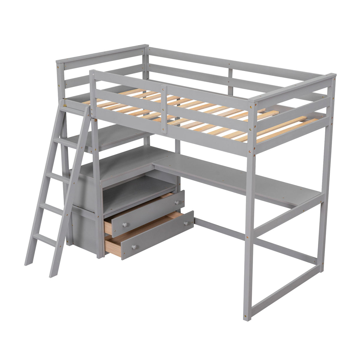 Modern Loft Bed With Built In Desk, Shelves, And 2 Drawers