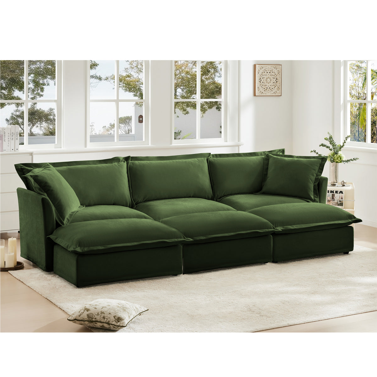 Chenille 3-Seat Slipcovered Sofa with Ottomans