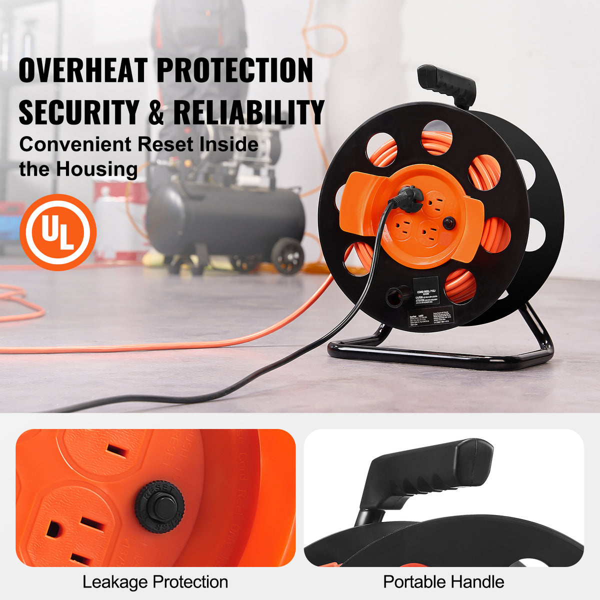 100FT Extension Cord Reel with 4 Outlets and Dust Cover