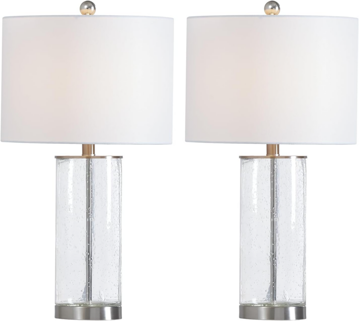 Modern Glass Table Lamps Set of 2, 23.25-Inch Nickel with Clear Bubble Glass, 3-Way Dimmable