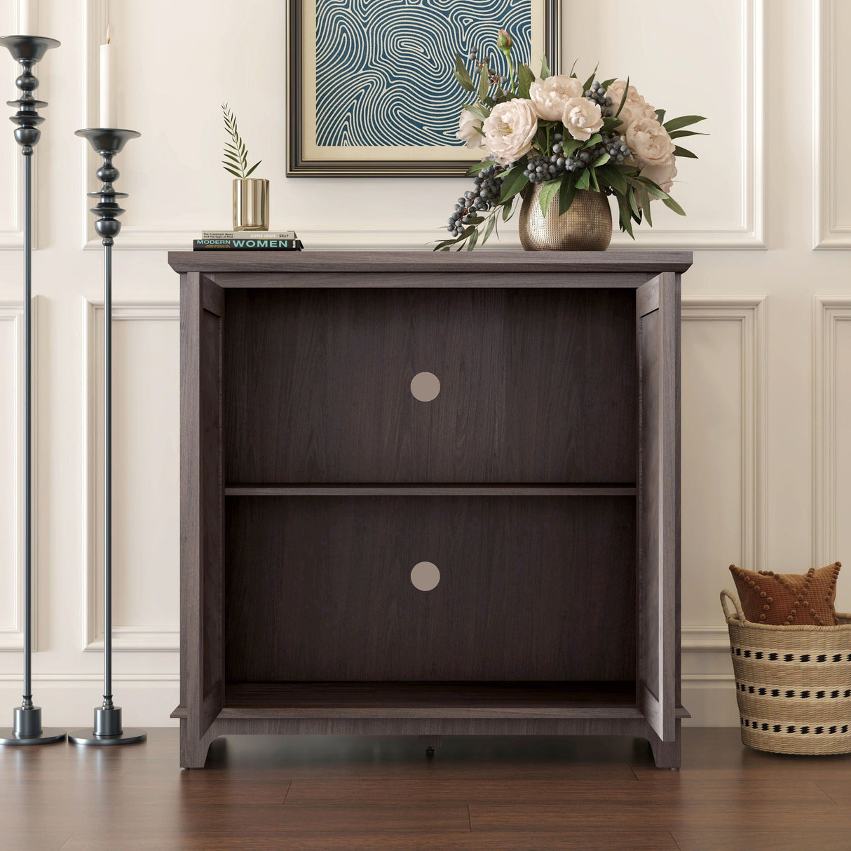 Elegant Sideboard with Two Acrylic Mirrored Doors and Adjustable Shelf Storage