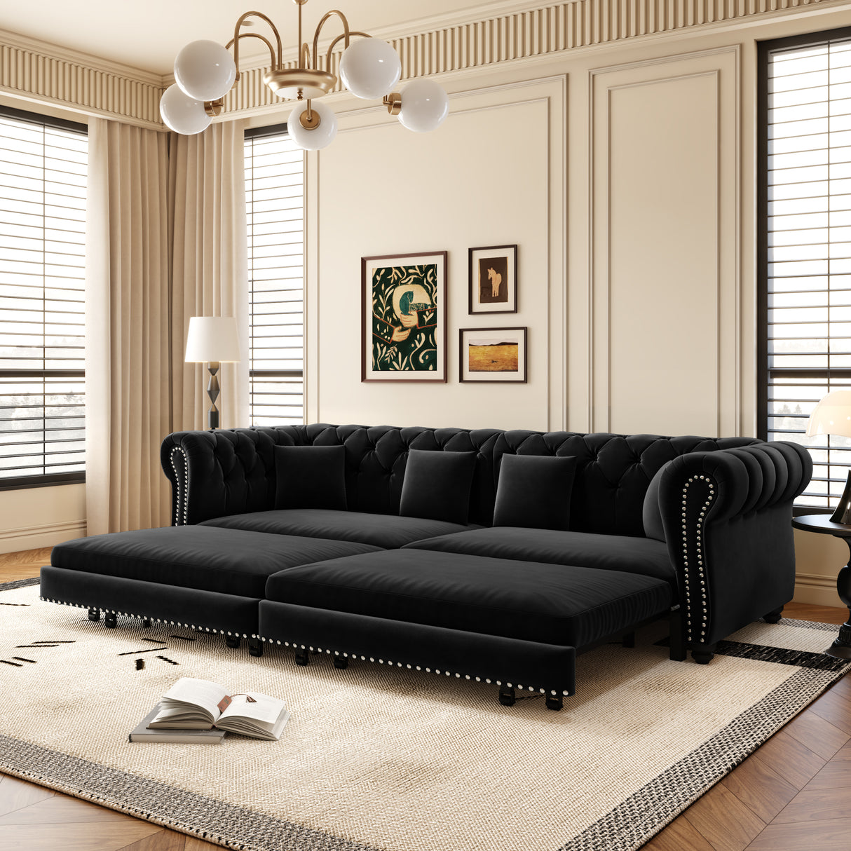 Chesterfield Sofa Bed - 3-in-1 Convertible Velvet Sofa