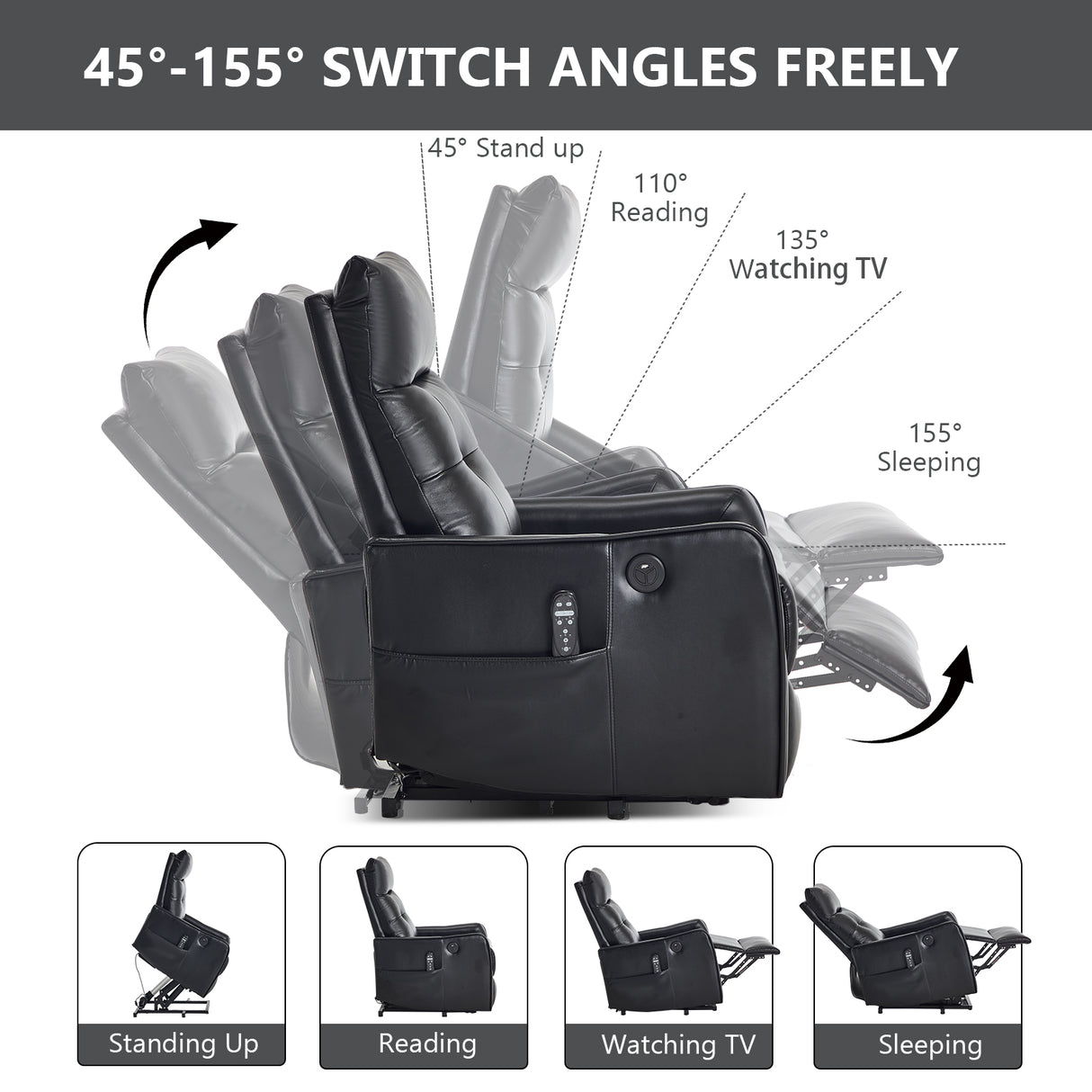 Black PU Single Motor Power Lift Recliner Chair