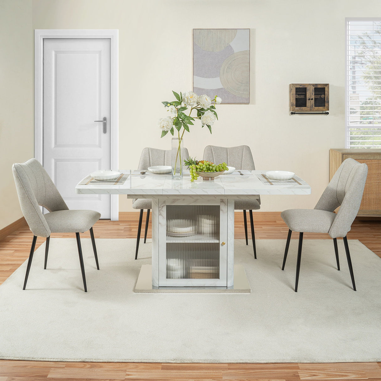 Modern Rectangle Dining Table With Stretchable Top, Storage Cabinet