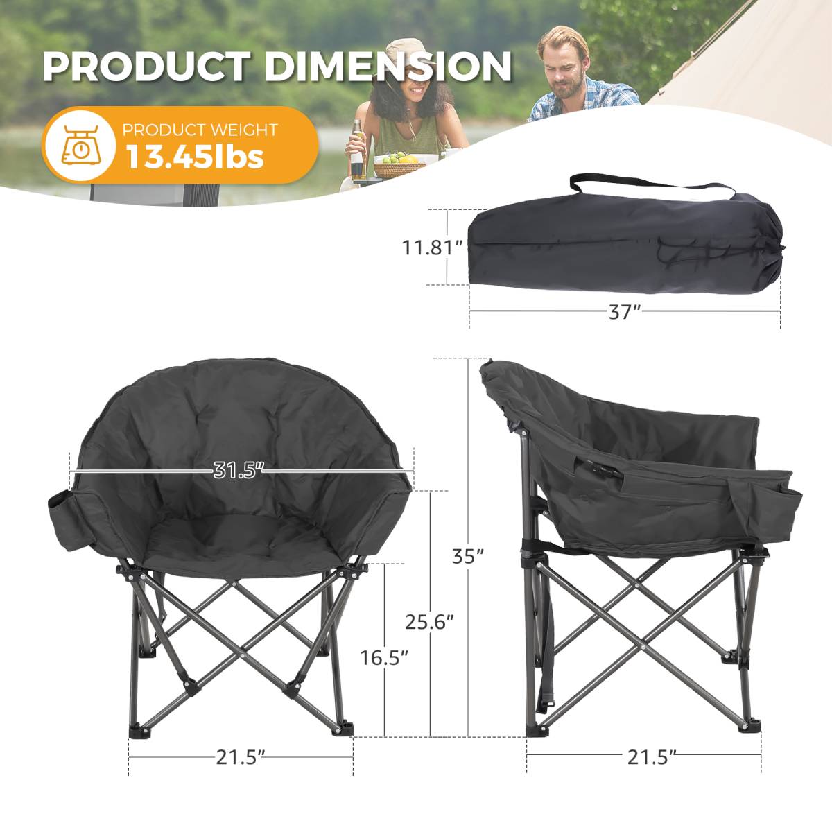 Set of 2 Oversized Camping Chairs with Side Pocket
