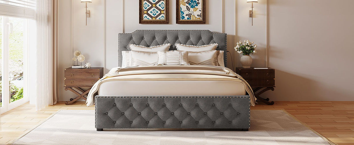 Upholstered Platform Bed With 2 Drawers And 2 Sets Of USB Ports On Each Side, Fabric