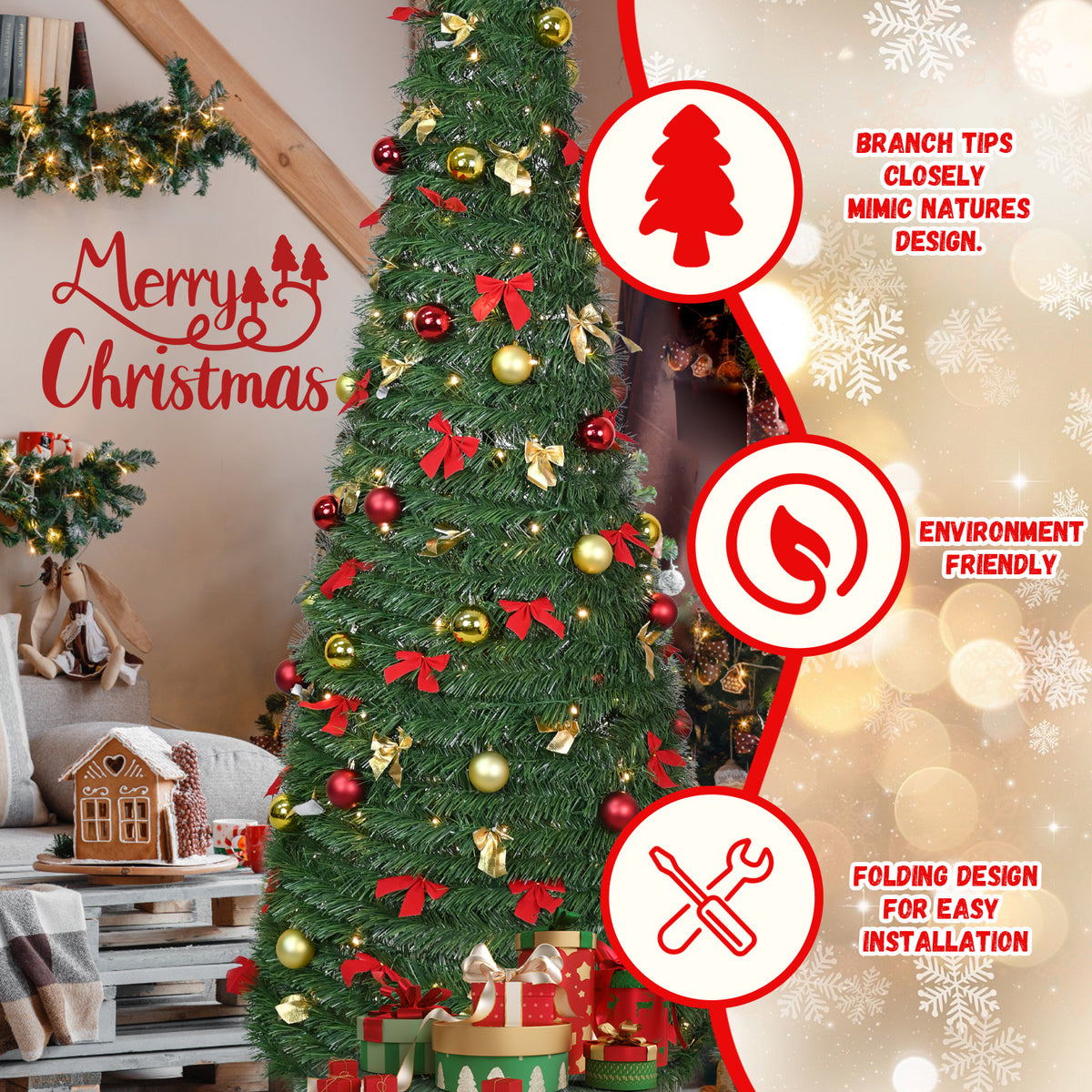 7FT Pop Up Christmas Tree, Pre-Decorated Artificial Tree