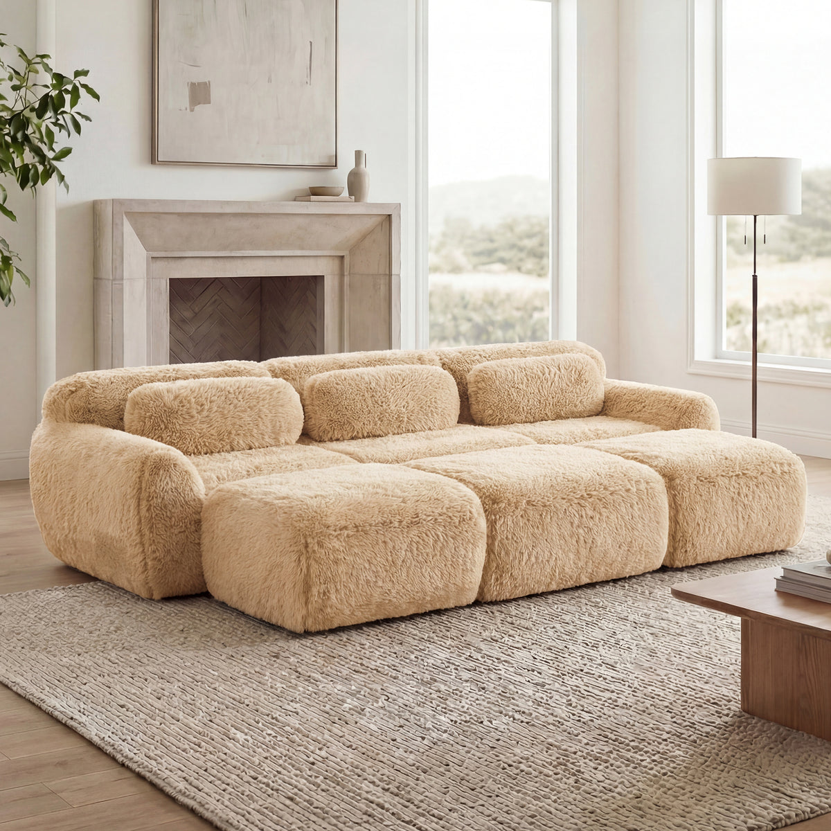 3-Seater Soft Plush Fabric Sofa With Movable Ottoman