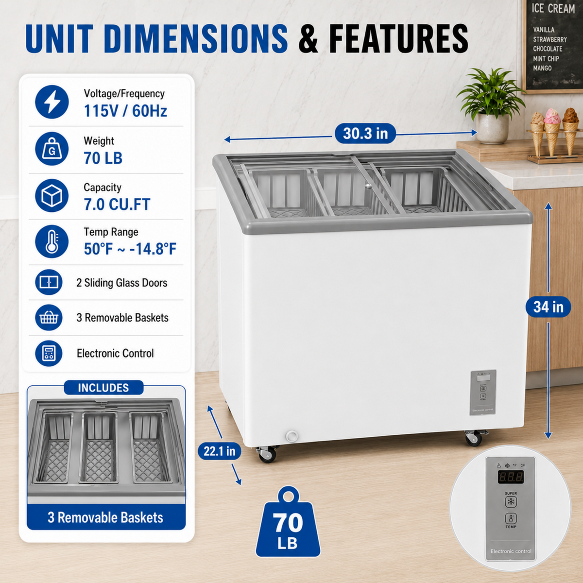 7.0 Cu.Ft Commercial Display Chest Freezer Inverter Energy Saving Ice