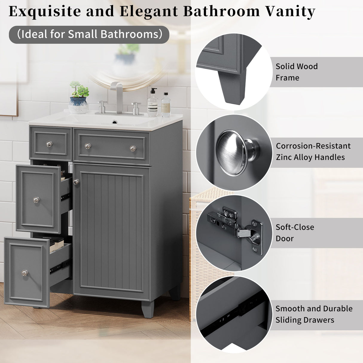 Transitional Style Bathroom Vanity Cabinet With Ceramic Sink