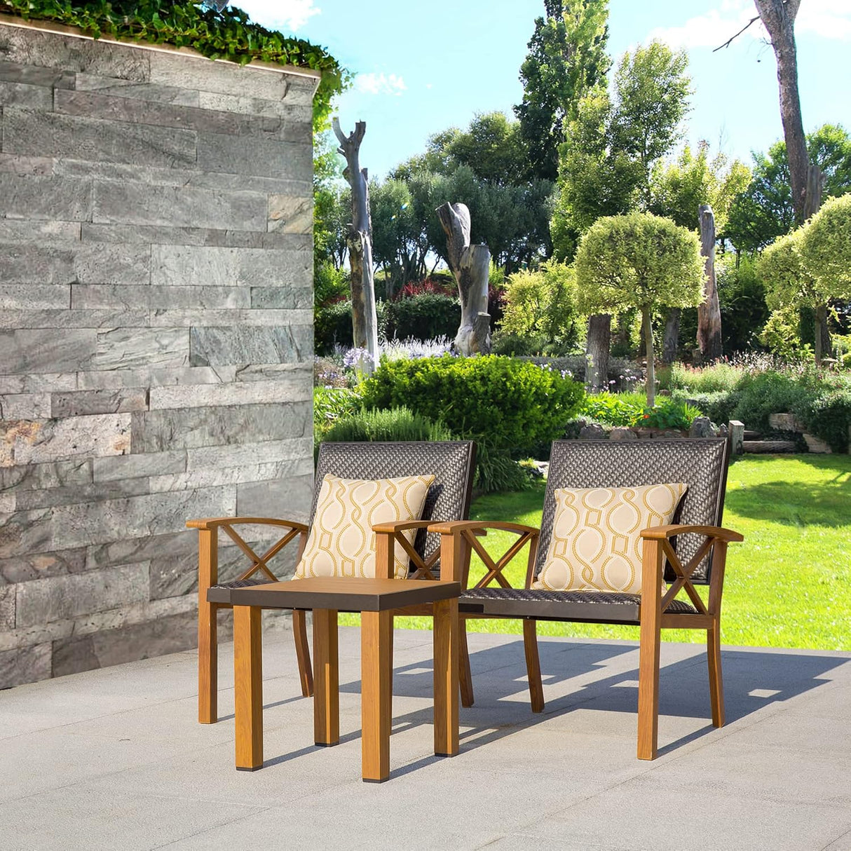Patio Bistro Set 3 Pieces with Wood Grain Aluminum Wicker
