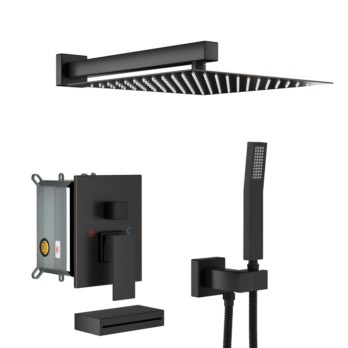 Square Shower System With Waterfall Tub Spout And Rough In Valve, Wall Mounted