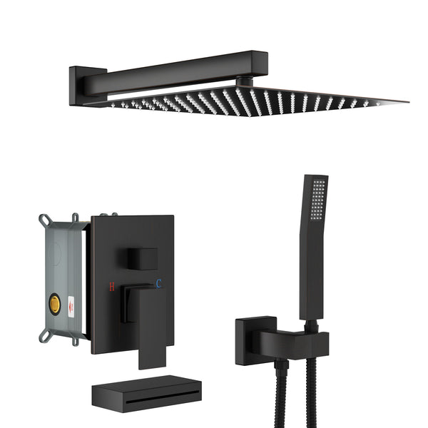 Square Shower System With Waterfall Tub Spout And Rough In Valve, Wall Mounted