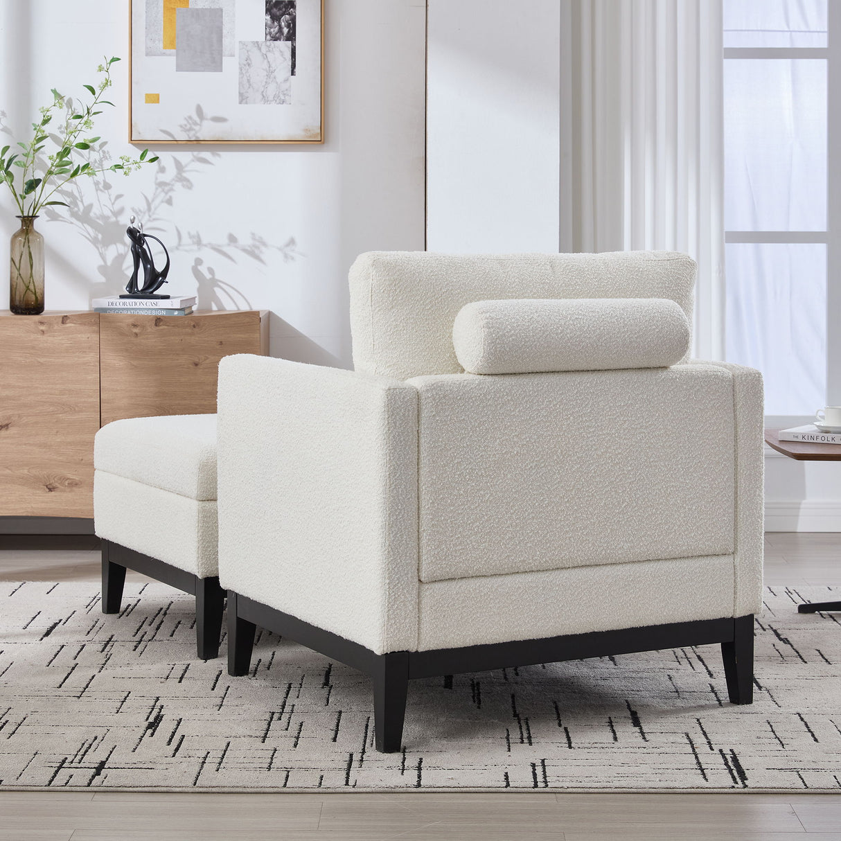 Farmhouse Upholstered Accent Chair With Ottoman, Reversible Lid Coffee Table