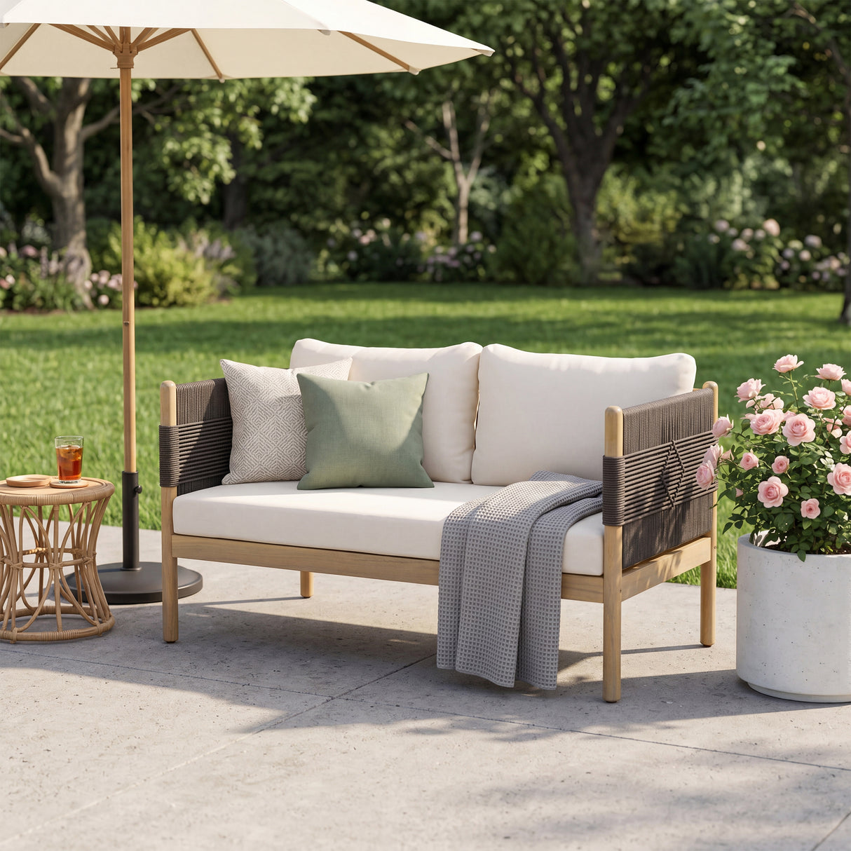 Outdoor Acacia Wood Loveseat with Diamond Rope Weave & Cushions, Light Teak