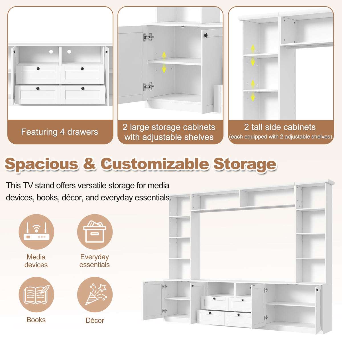 Farmhouse Elegant Entertainment Center Wall Unit with 4 Drawers