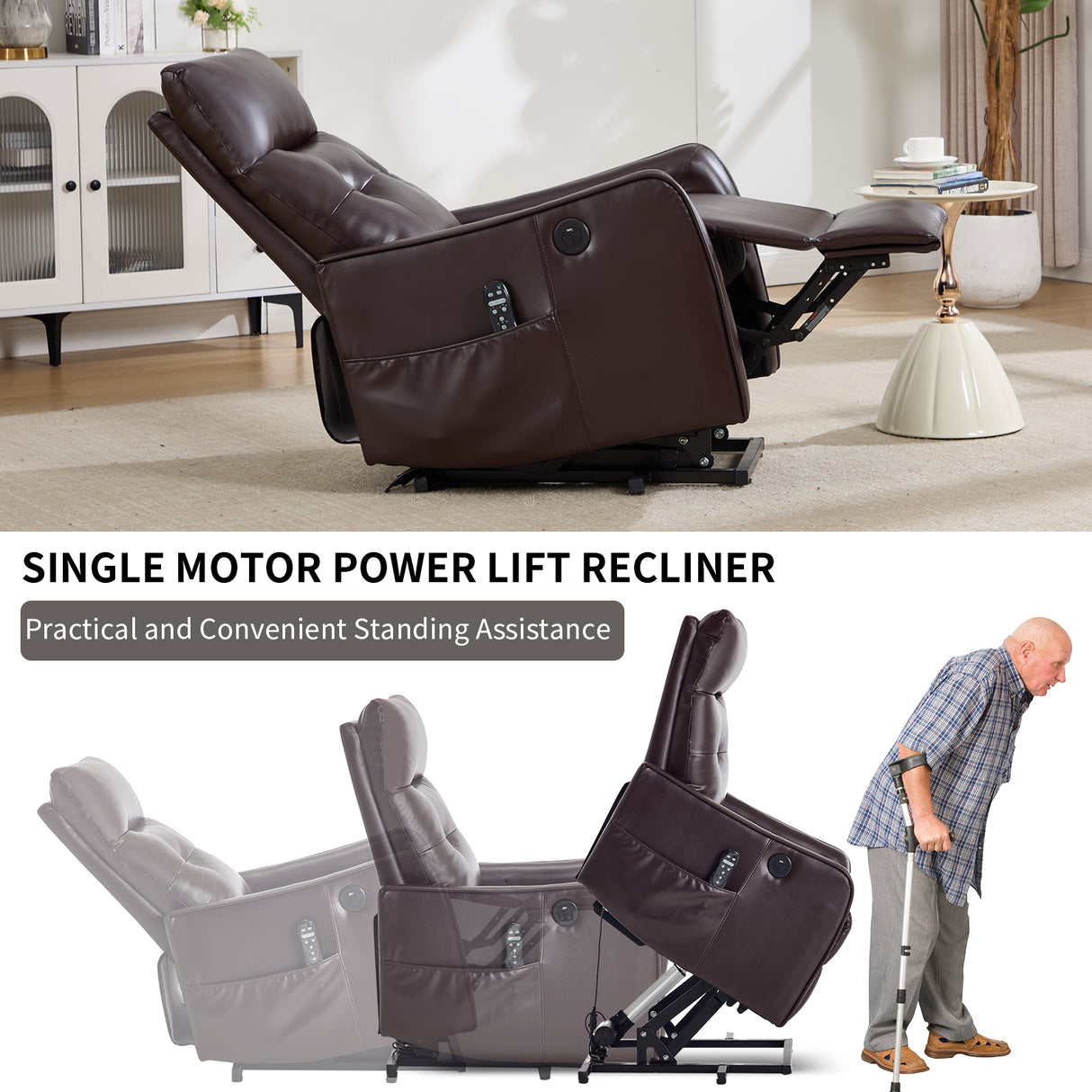 Brown PU Single Motor Power Lift Recliner Chair with Massage & Heat