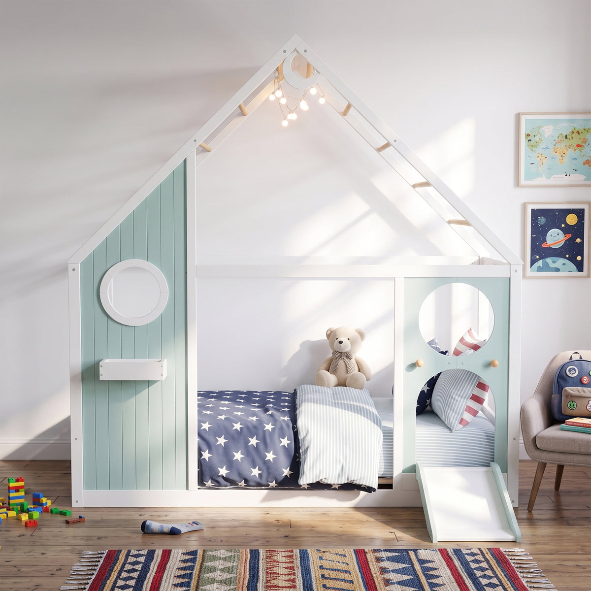 Twin House Bed with Slide, Ball Light Strip, Wooden Playhouse Design