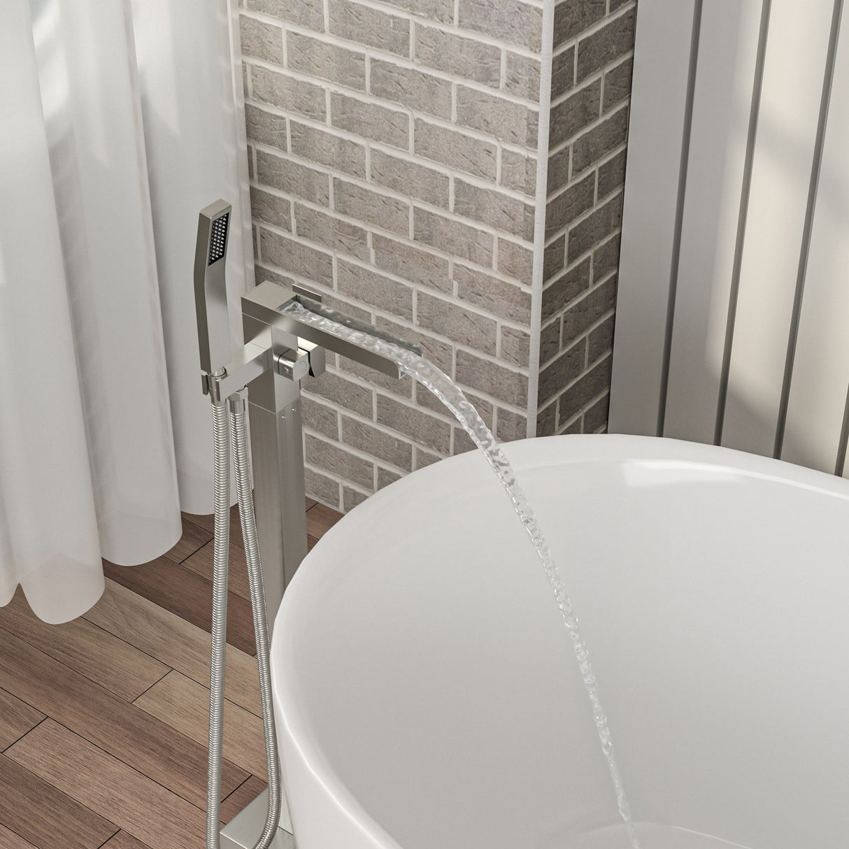 Freestanding Bathtub Faucet Waterfall Tub Filler Floor Mount Solid Brass With Hand Shower - Brushed Nickel