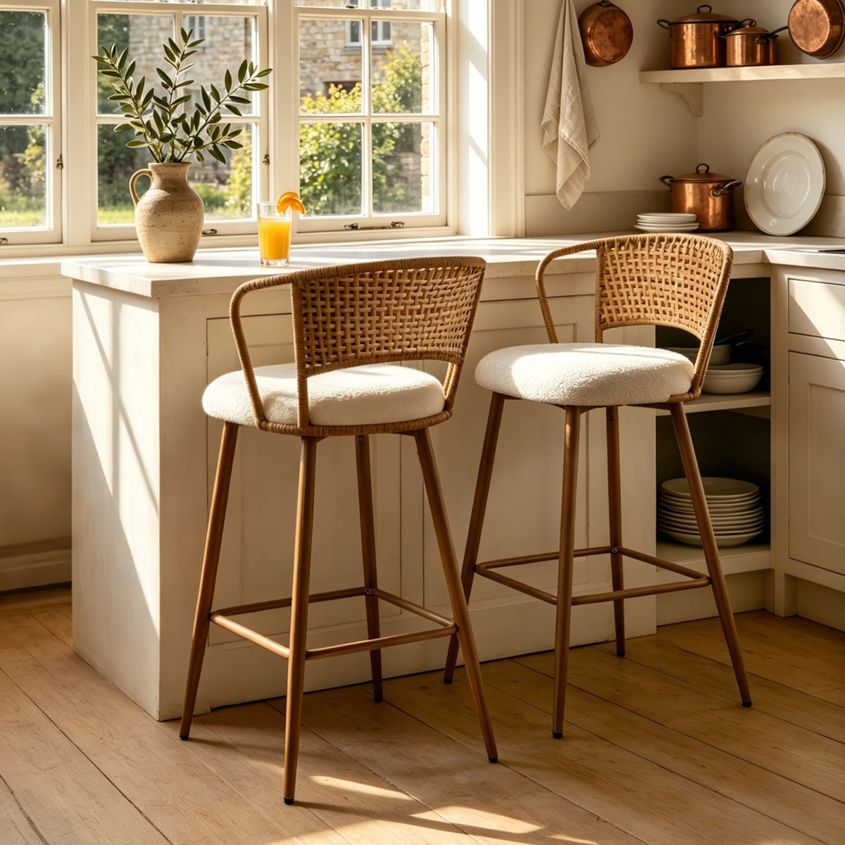 Set of 2 Modern Upholstered Bar Stools with Rattan Backrest