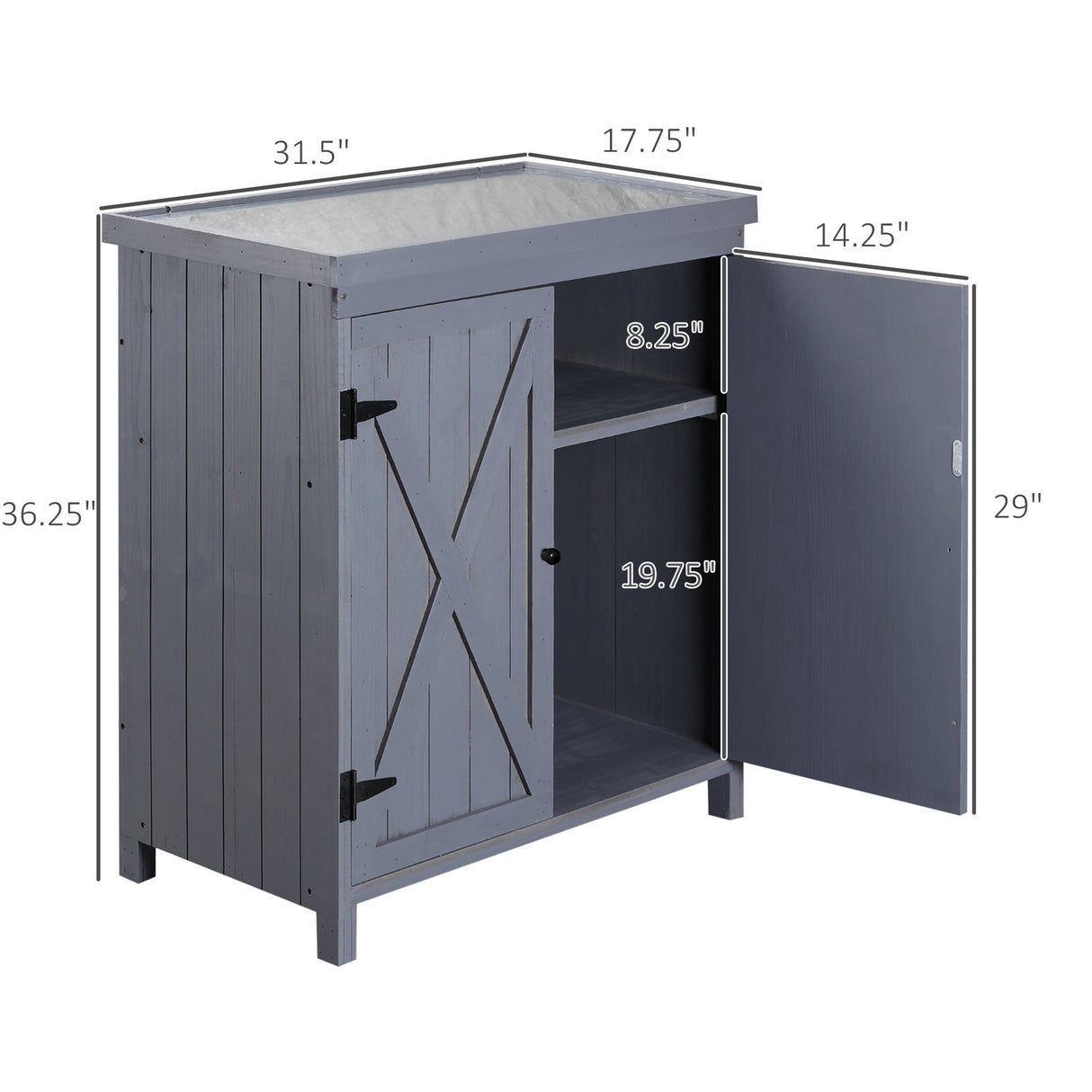 Tool Shed Outdoor Storage Cabinet with Galvanized Top and Two Shelves
