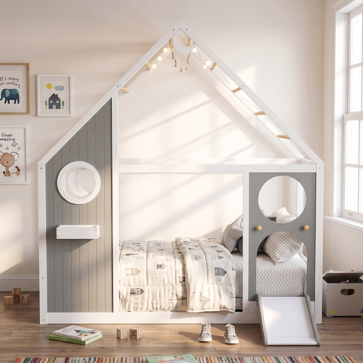 Twin House Bed with Slide, Ball Light Strip - Gray