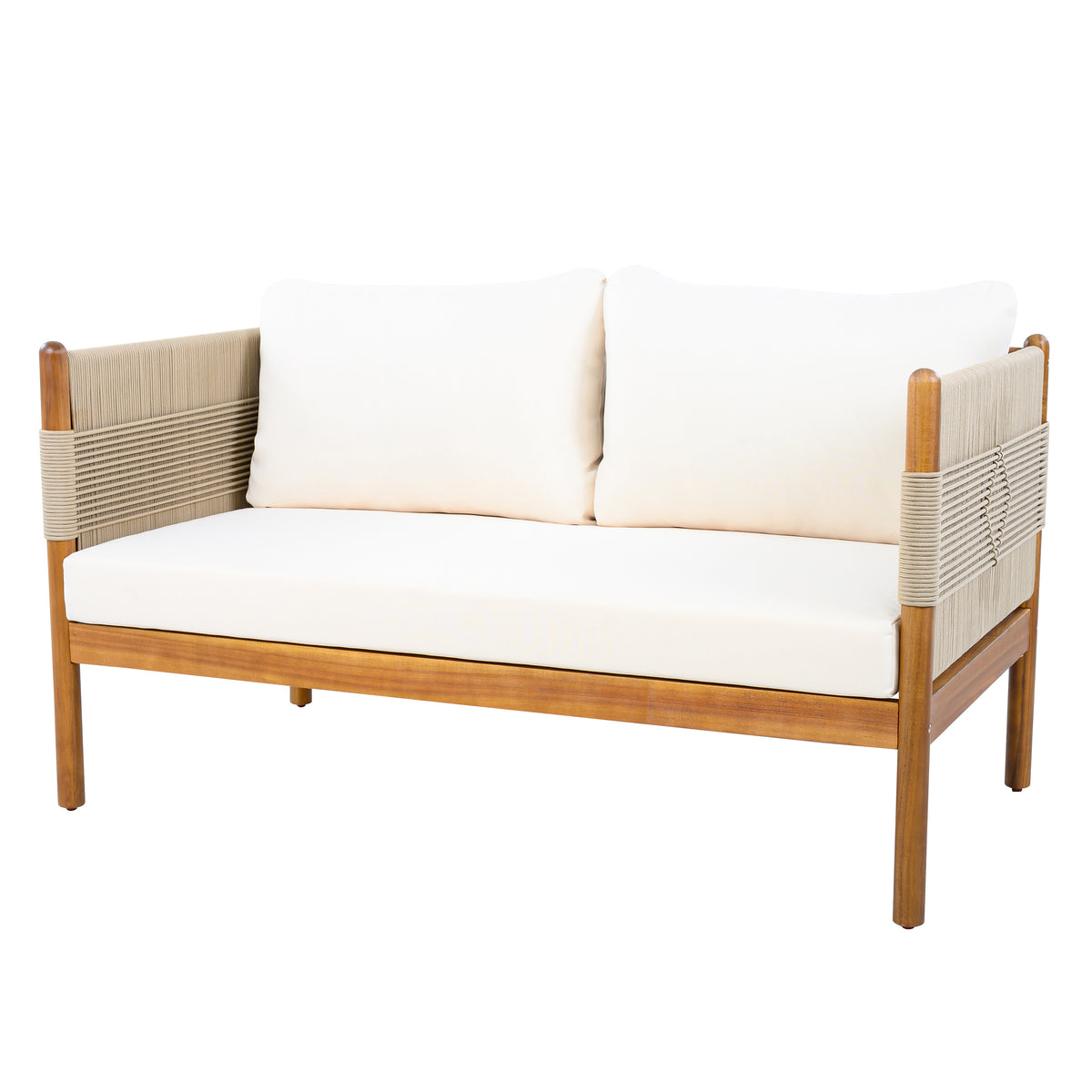 Outdoor Acacia Wood Loveseat with Diamond Rope Weave & Cushions