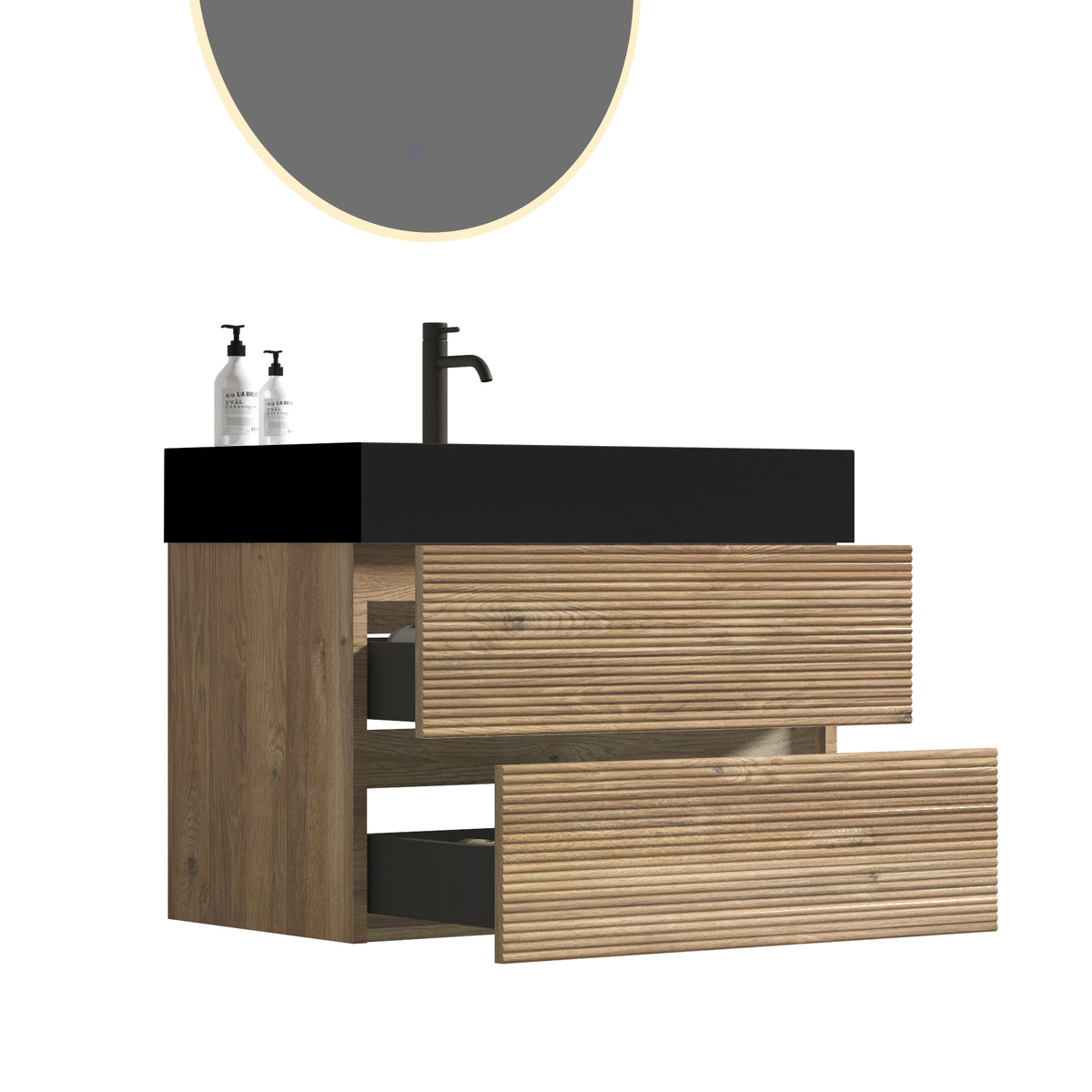Grace 30-Inch Wall-Mounted Bathroom Vanity, Black and Oak with Soft-Close Drawers
