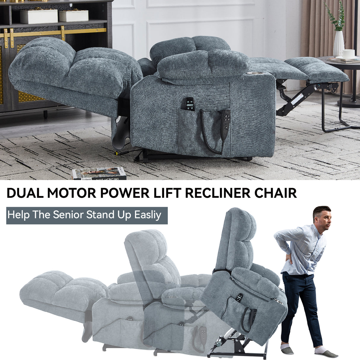 Grey Chenille Power Lift Recliner Chair