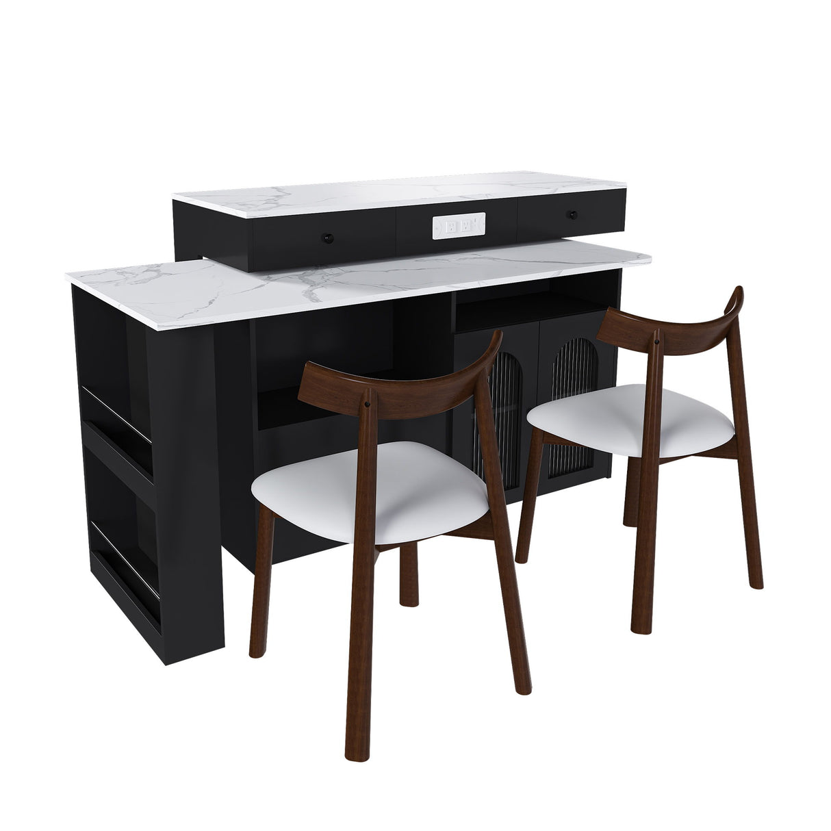 Retro Kitchen Island Set With Chairs, Extendable & Rotating Table, 4 Drawers & Door Cabinets