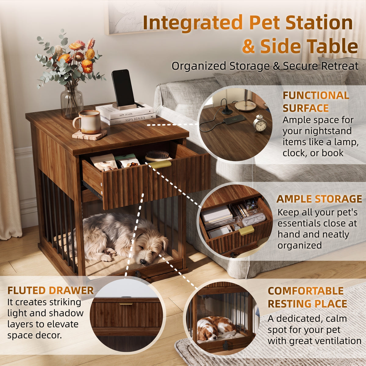 Dog Crate End Table with Charging Station and Storage