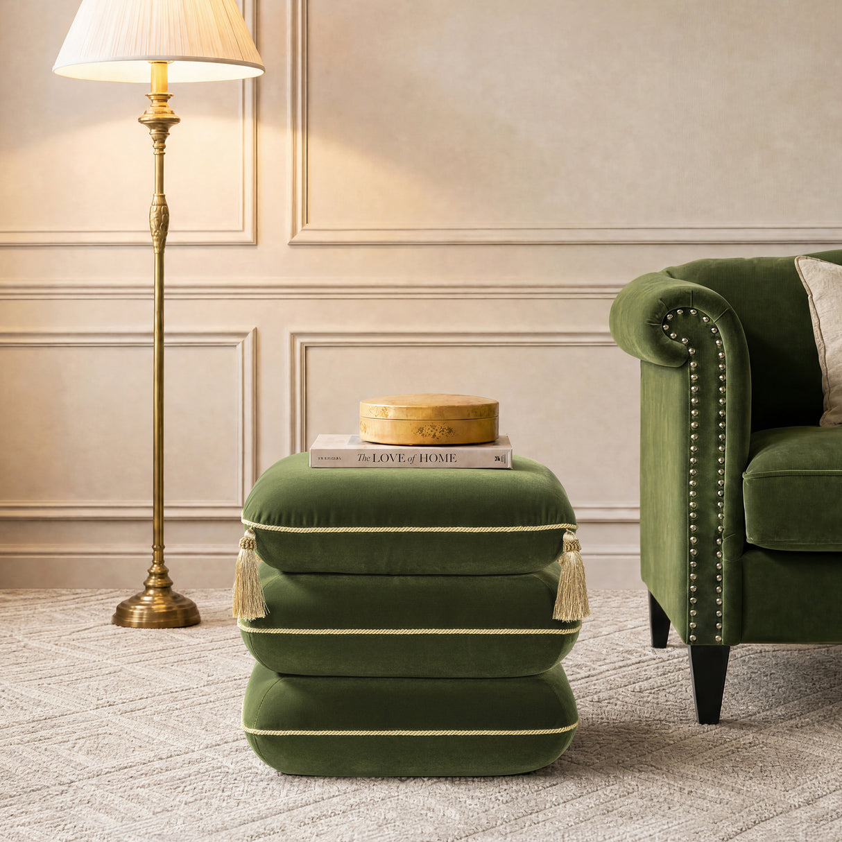 Monarch 19.5" Tassled Ottoman, Olive
