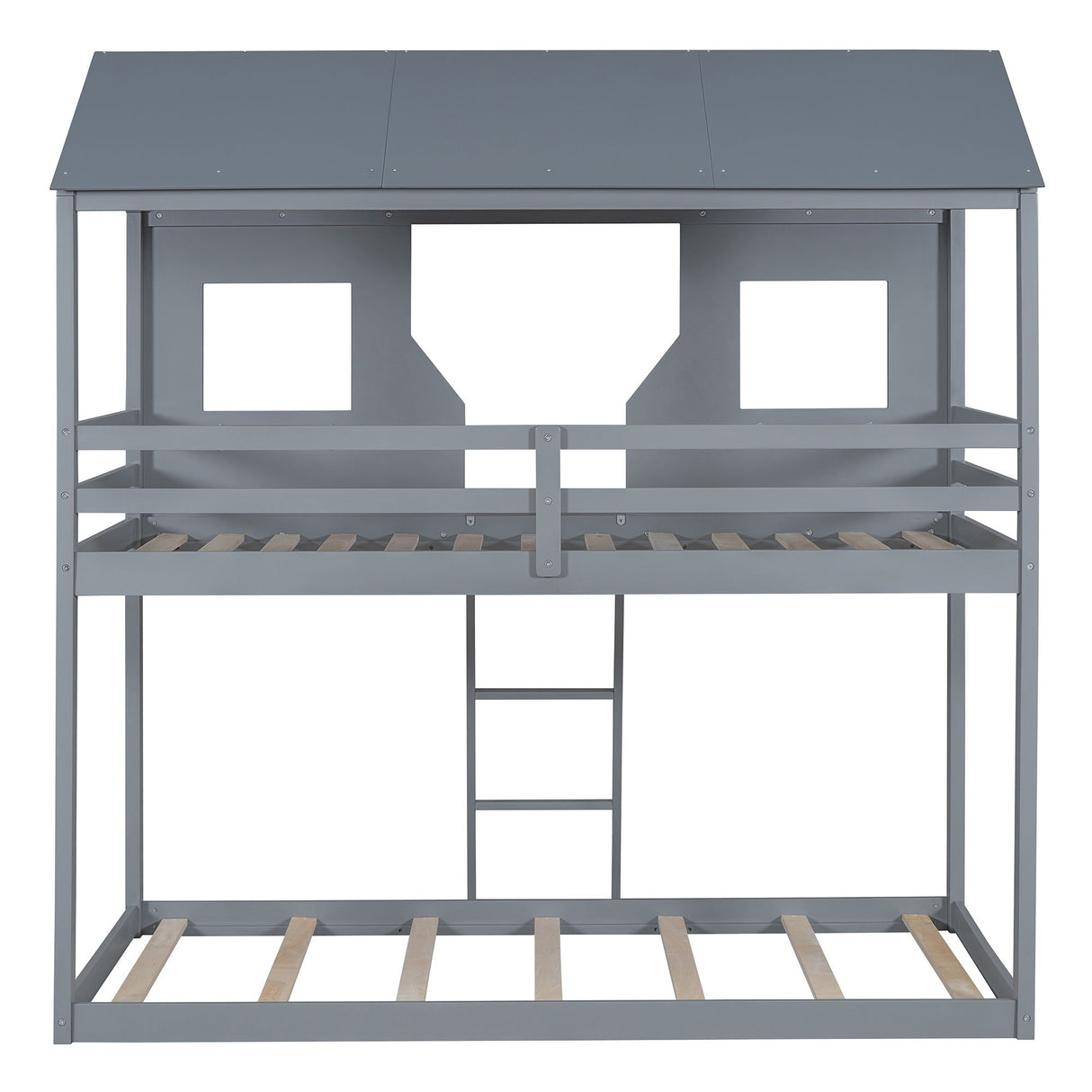 Twin Over Twin Bunk Bed With Roof, Window, Guardrail, Ladder