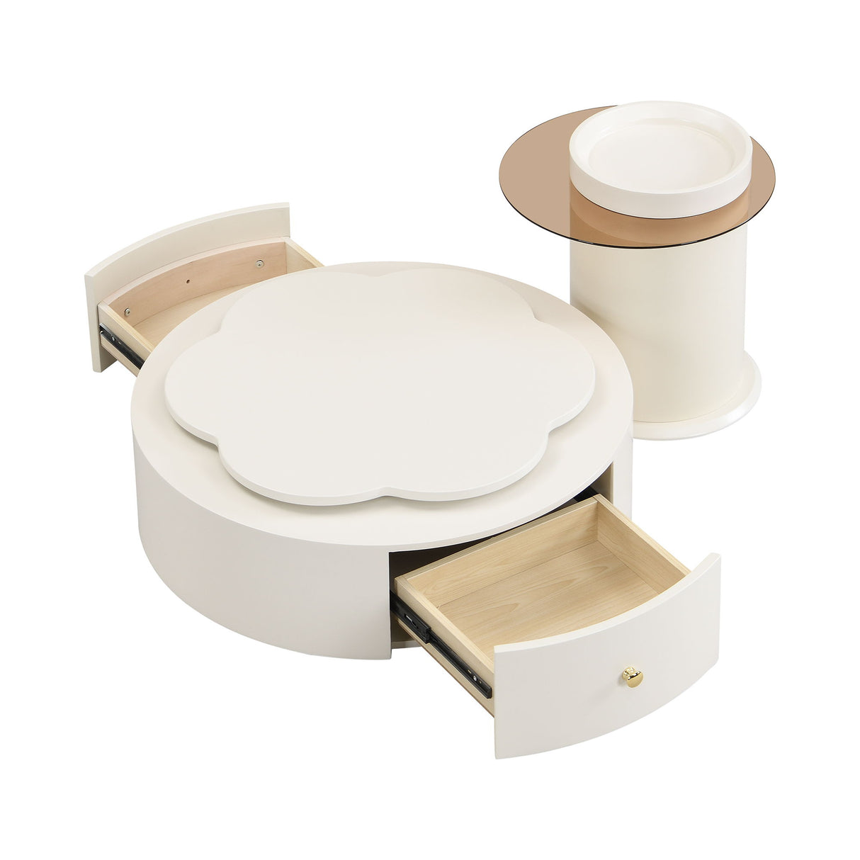 Modern Round Coffee Table (Set of 2), 360 Degree Rotatable Flower Shaped Top With 2 Drawers, Top Circle Side Table End Table With Glass For Living Room - Off White