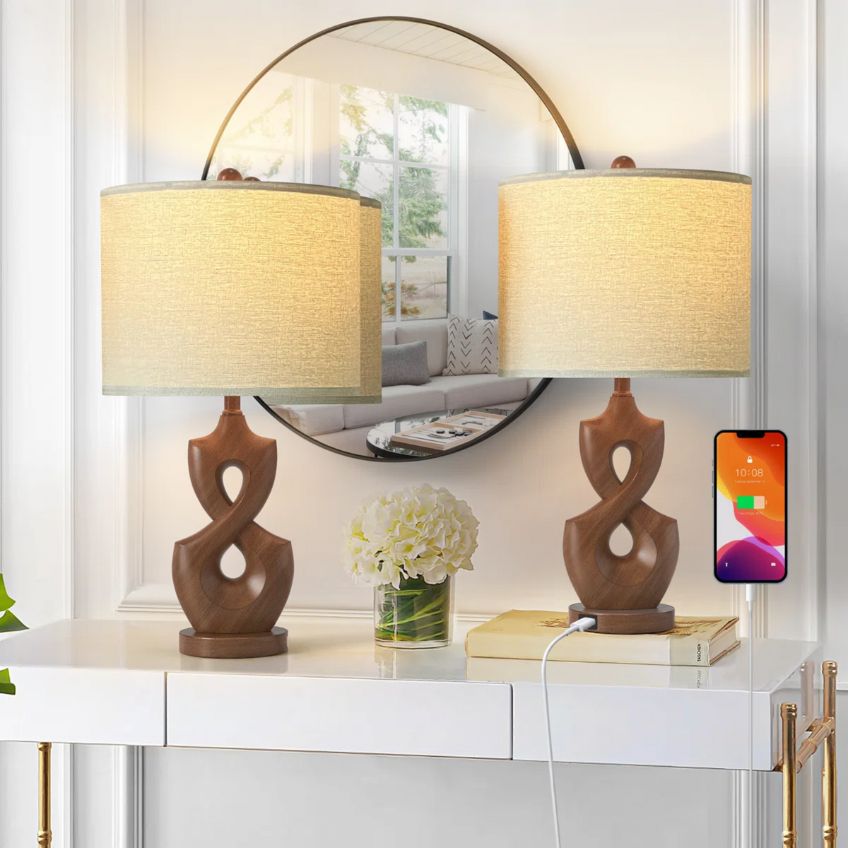 Resin Dimmable Table Lamp Pair with USB Ports, 24.5-Inch, Antique Natural