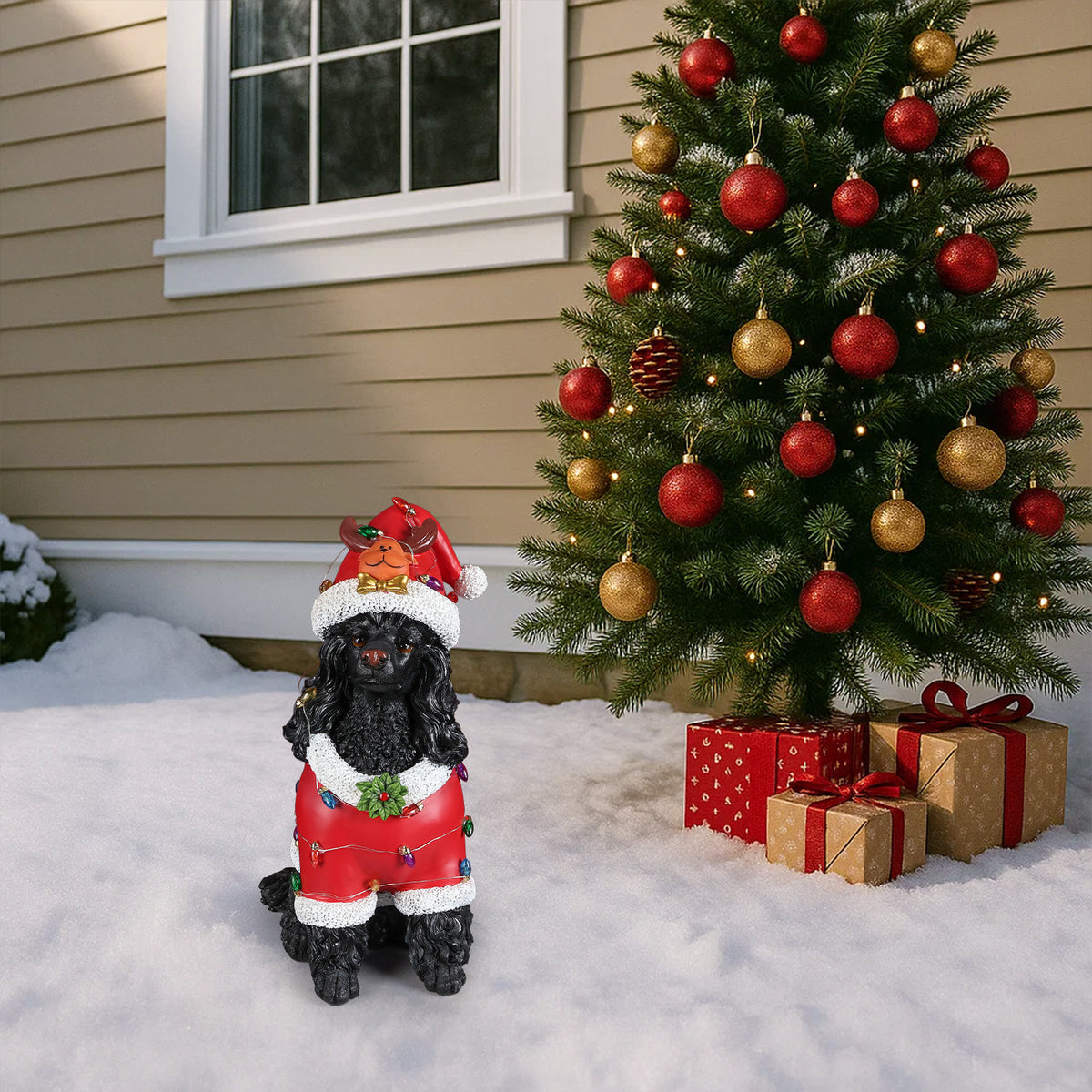 Festive Black Poodle Christmas Statue