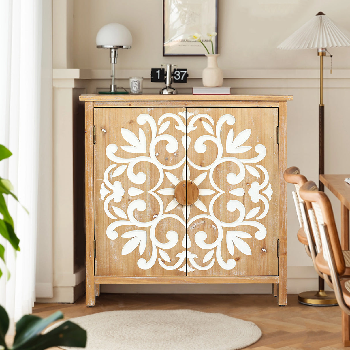 Rustic Wooden Accent Cabinet with Floral Carved Doors