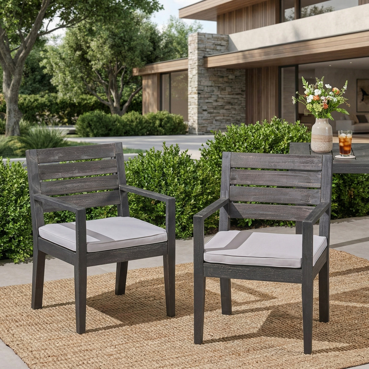 Outdoor Dining Chair Set of 2 with Curved Acacia Wood Arms