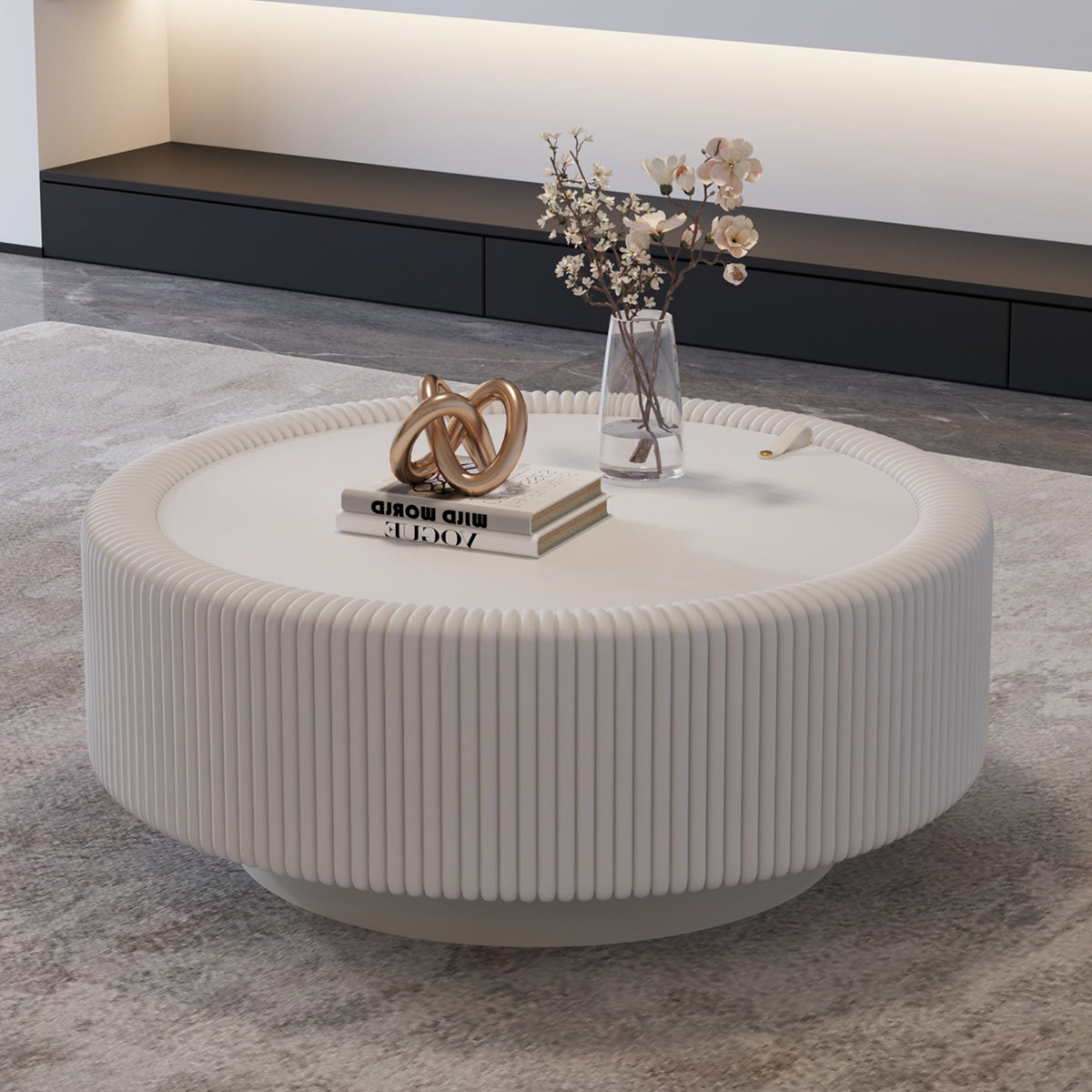 White Round Fluted Coffee Table with Hidden Storage