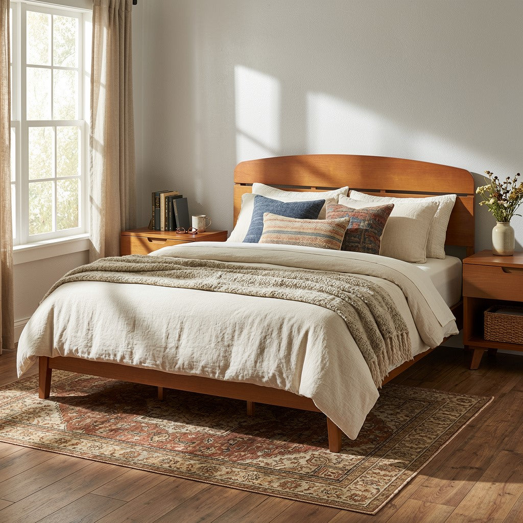 Queen Size Solid Wood Platform Bed with Curved Headboard