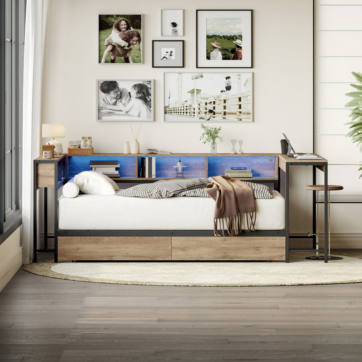 Corner Bed Frame Full Size with Bookcase and Storage Drawers