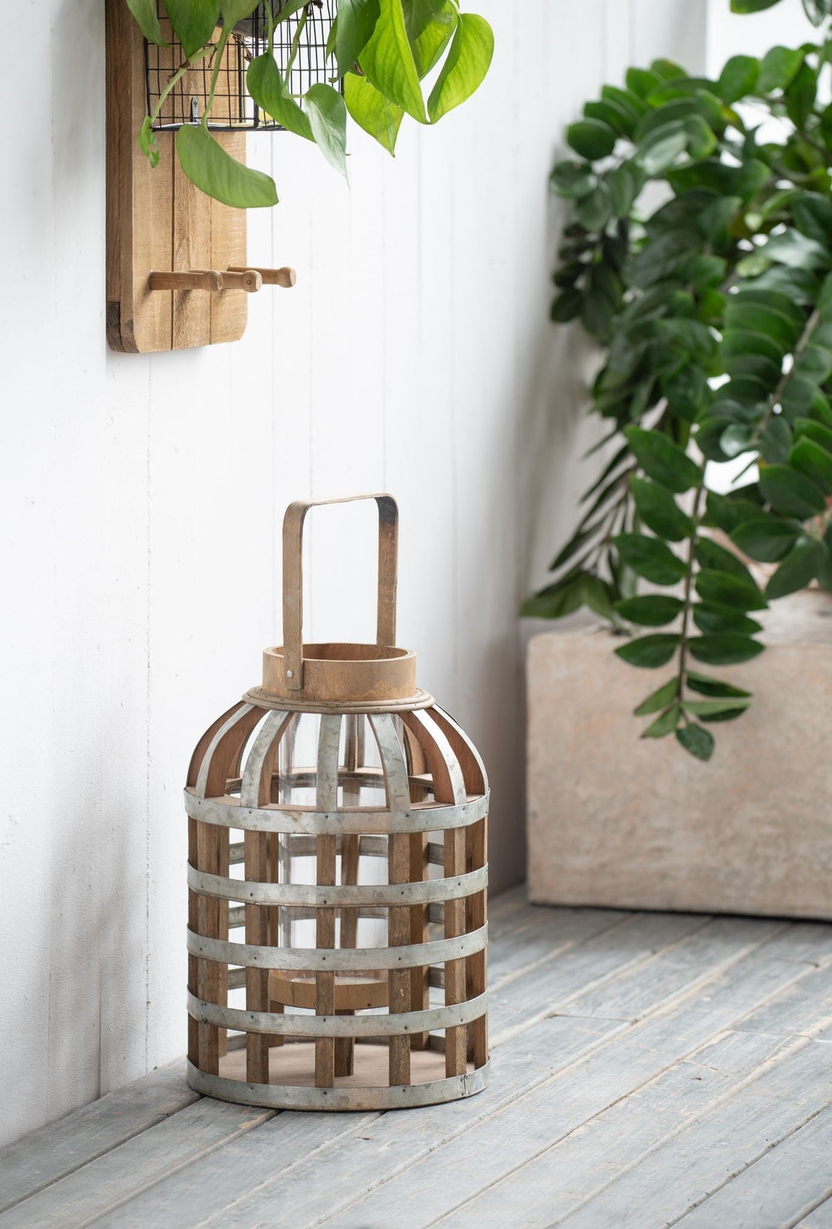 EVERGREEN DECOR Decorative Wooden Lantern with Handle in Pearl Silver