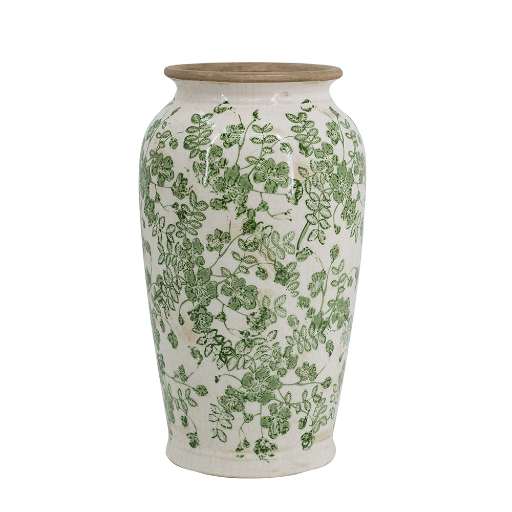 EVERGREEN DECOR White Ceramic Flower Vase with Green Floral Pattern