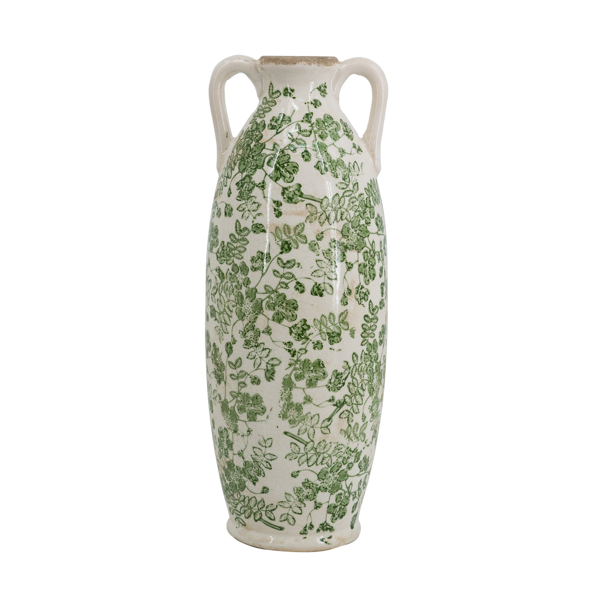 EVERGREEN DECOR White Ceramic Flower Vase with Green Floral Pattern and Handles