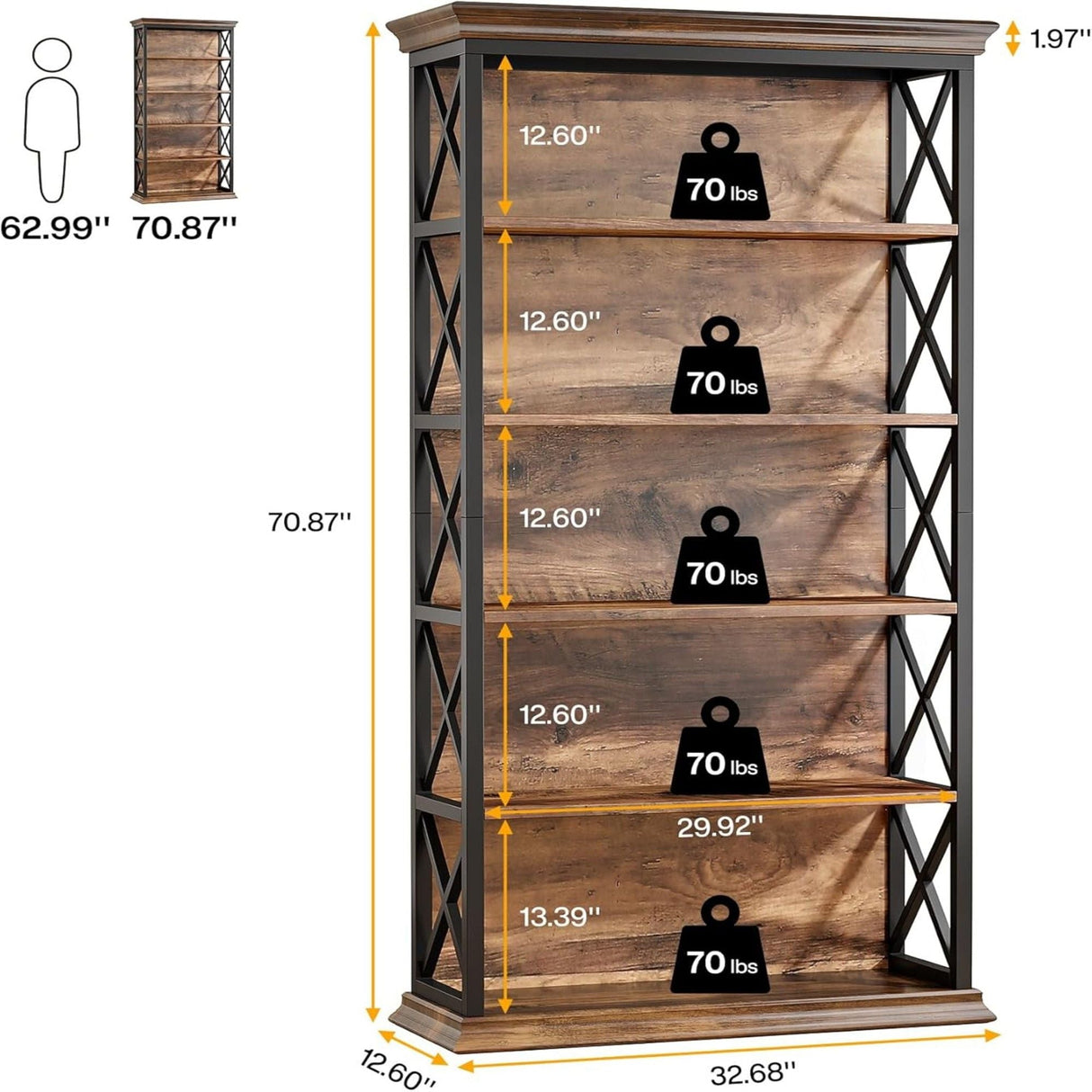 6 Tier Industrial Brown Bookshelf With X Pattern Design - Rustic Brown