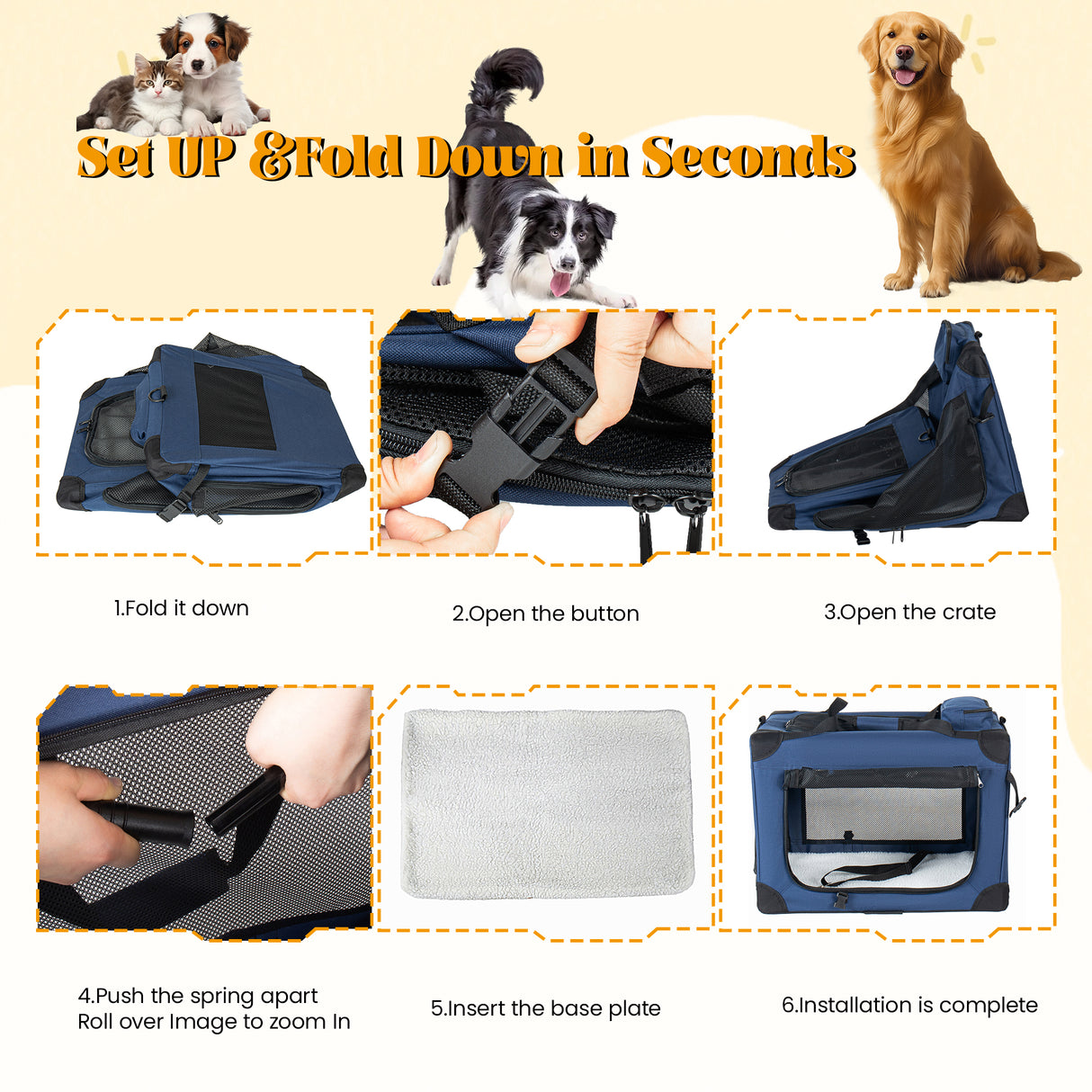 40'' Soft Dog Crates Kennel with 3 Doors and Fleece Mat