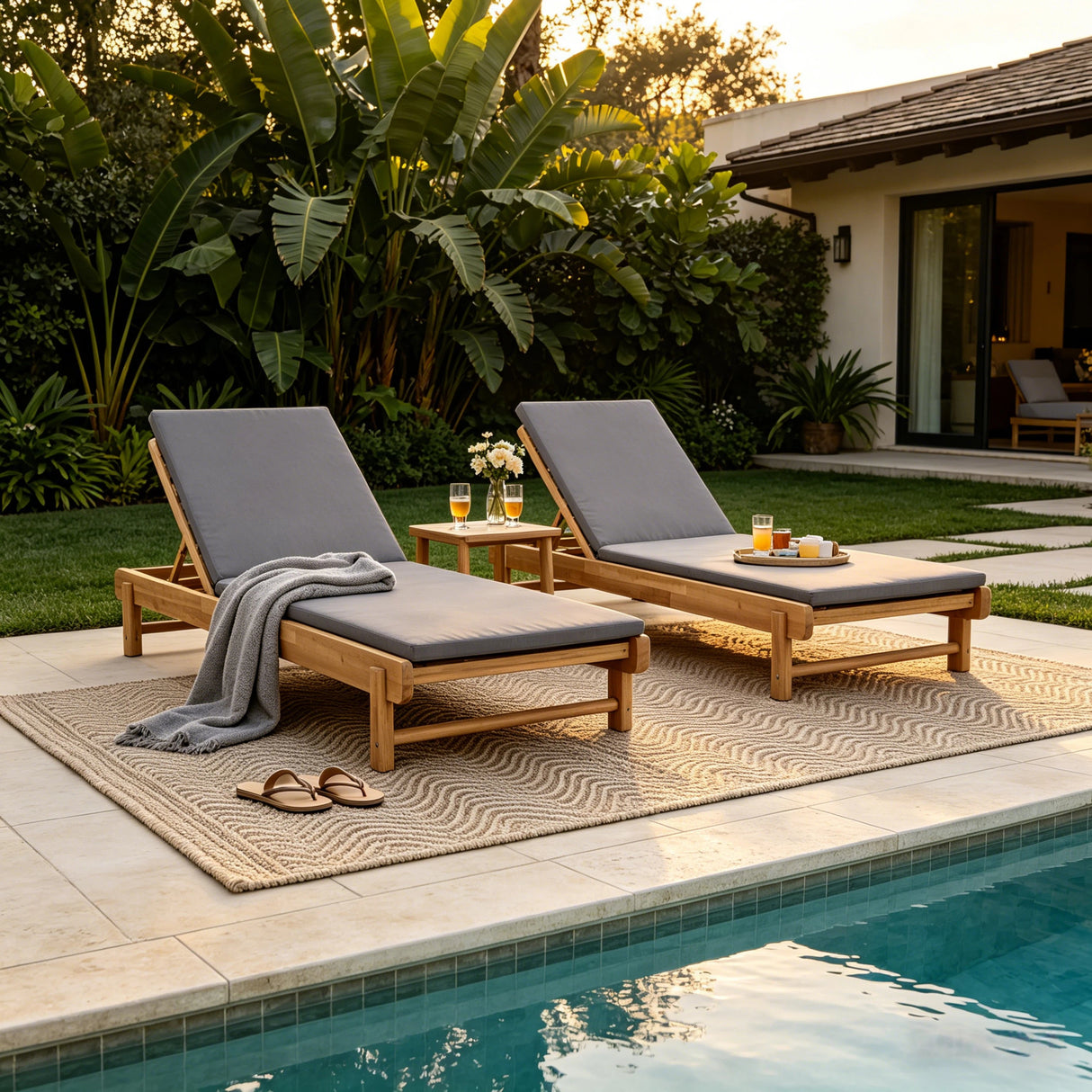 Light Teak Acacia Wood Chaise Lounge Set