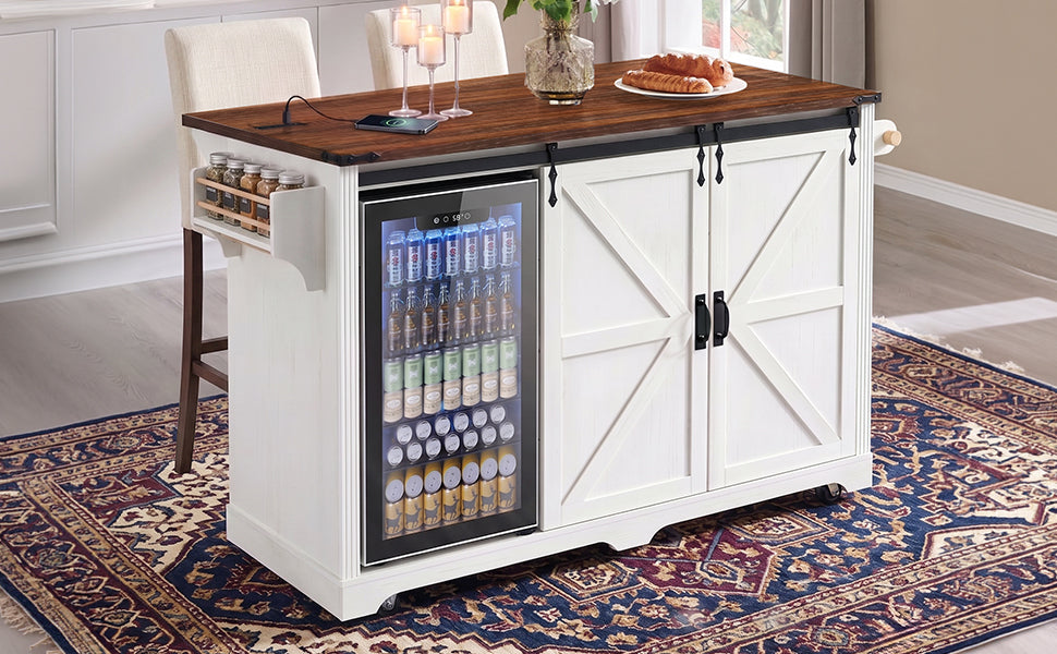 K&K 72" Farmhouse Kitchen Island with Fridge Storage Space