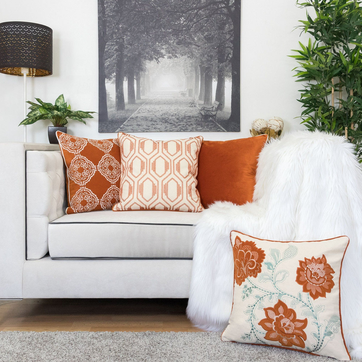 Geometric Embroidered Throw Pillow - Rust